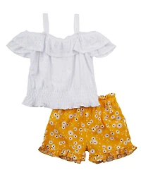 Toddler Girls Eyelet Cold Shoulder Top and Daisy Print Shorts