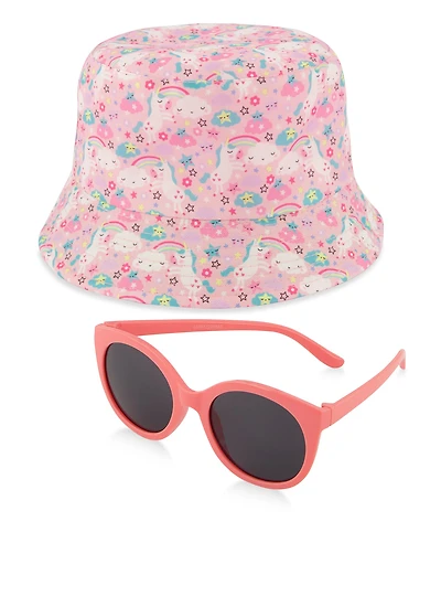 Toddler Girls Sunglasses and Unicorn Printed Bucket Hat