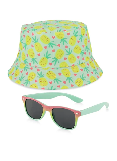 Toddler Girls Pineapple Print Bucket Hat and Sunglasses, Multi