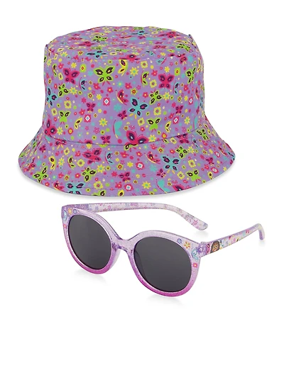 Toddler Girls Butterfly Print Bucket Hat and Sunglasses, Purple