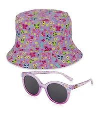 Toddler Girls Butterfly Print Bucket Hat and Sunglasses, Purple