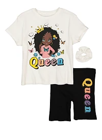 Girls Queen Graphic Tee and Bike Shorts with Scrunchie