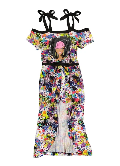 Girls Tie Strap Graphic Maxi Romper