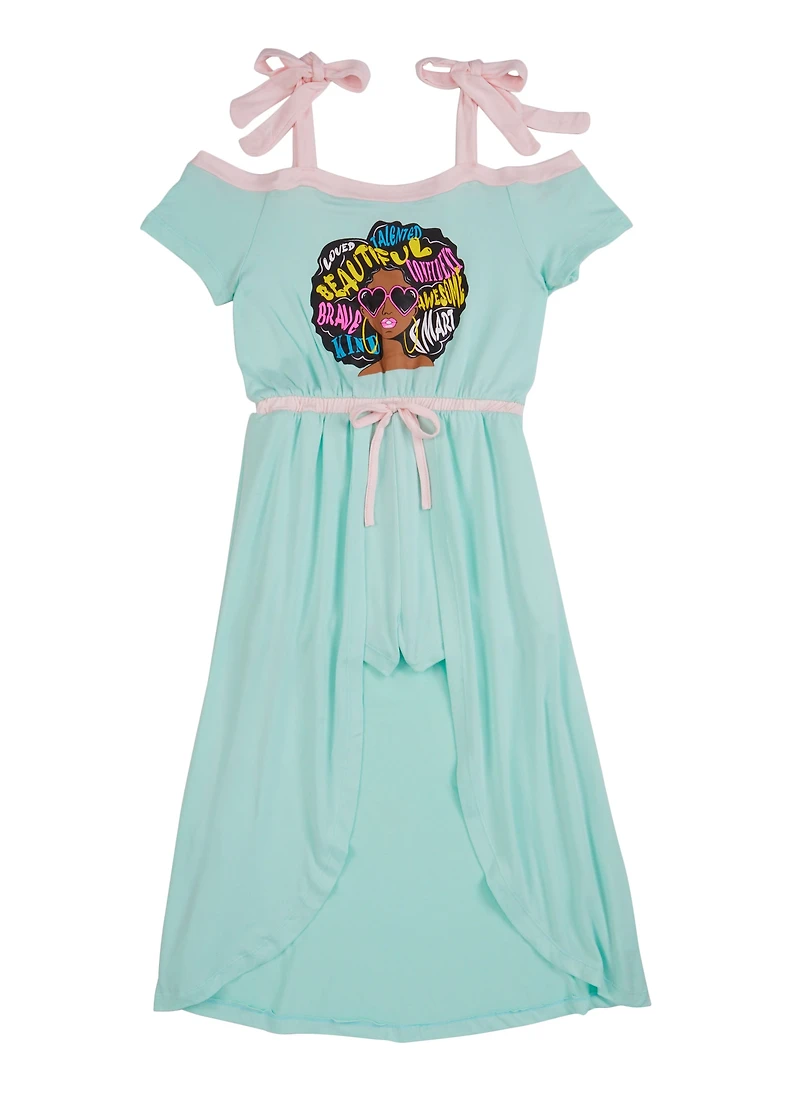 Girls Tie Strap Graphic Maxi Romper