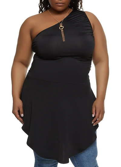 Plus One Shoulder Ruched Ruffled Hem Top with Necklace