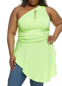 Plus One Shoulder Ruched Ruffled Hem Top with Necklace