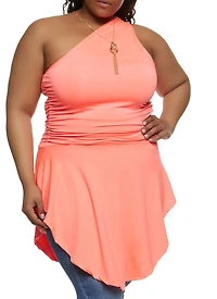 Plus One Shoulder Ruched Ruffled Hem Top with Necklace