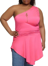 Plus One Shoulder Ruched Ruffled Hem Top with Necklace