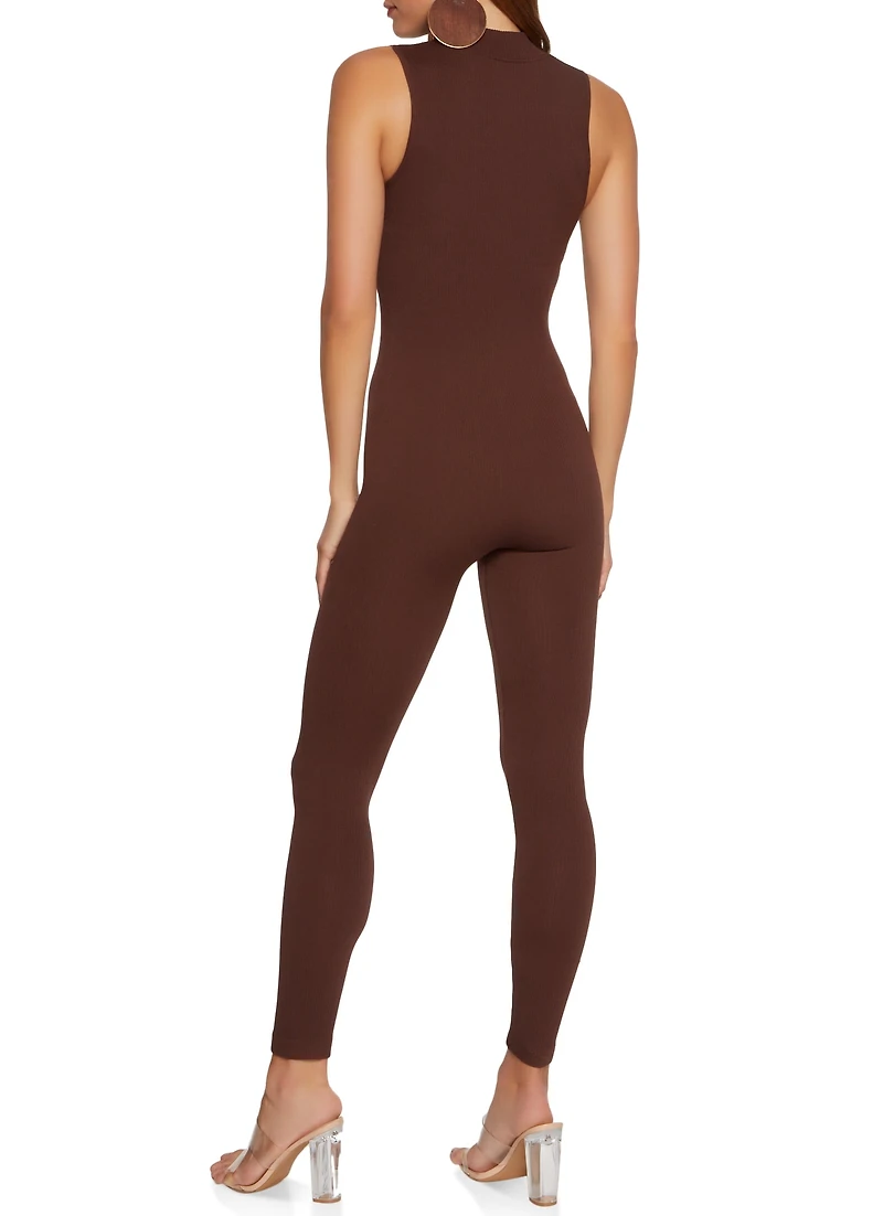 Sleeveless Mock Neck Zip Front Jumpsuit