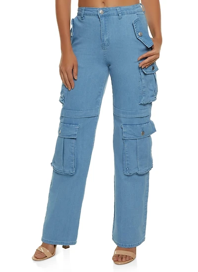 Womens Wide Leg Cargo Jeans, Blue, Size S