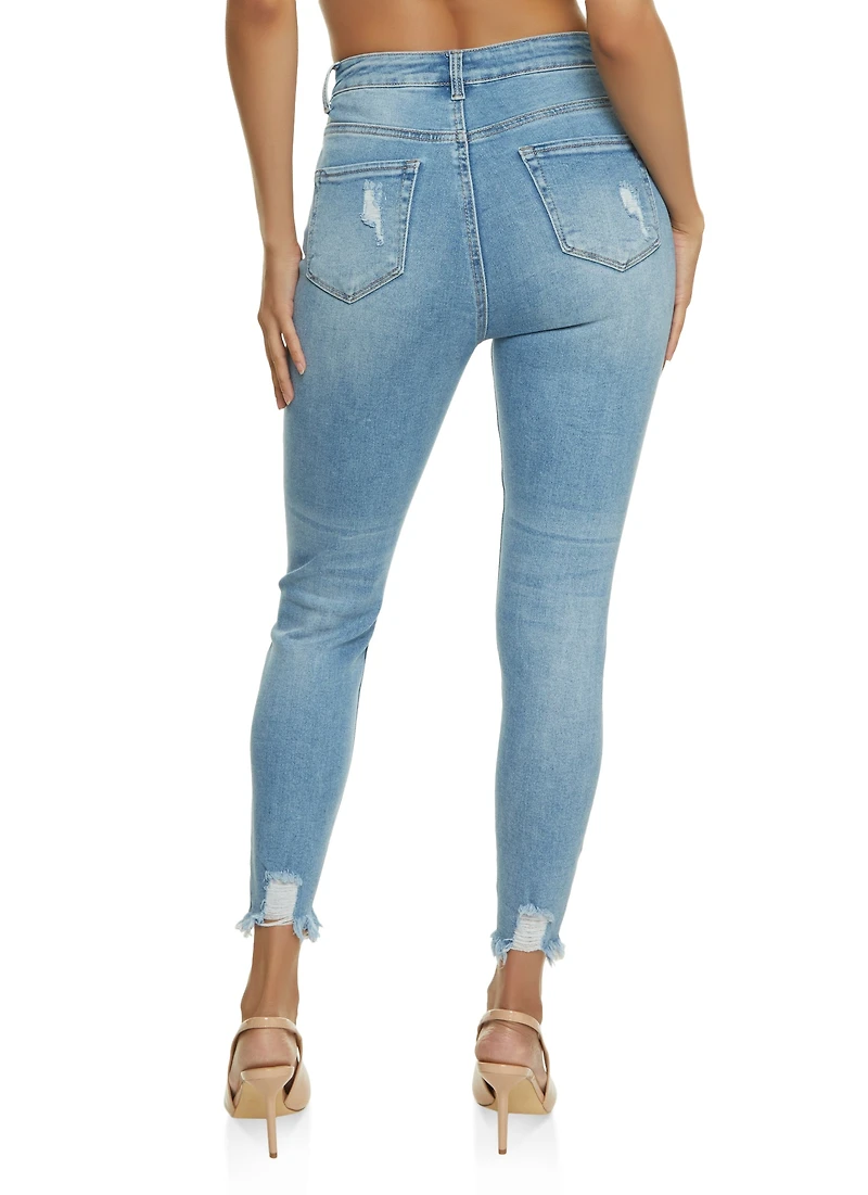 Womens WAX Distressed Frayed Hem Skinny Jeans, Blue,