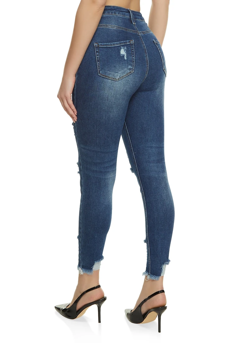 Womens WAX Distressed Frayed Hem Skinny Jeans, Blue,