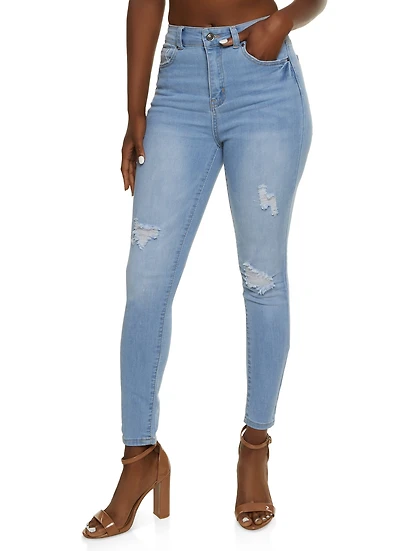 Womens WAX Distressed High Waist Cropped Skinny Jeans, Blue,