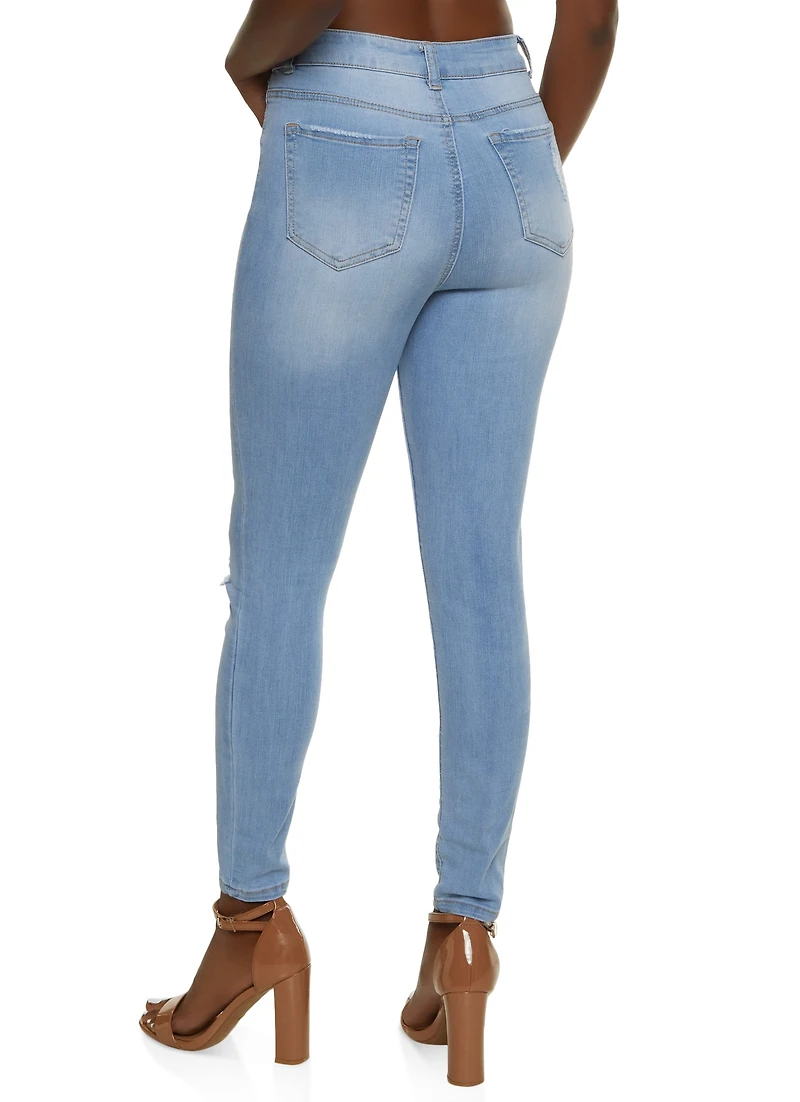 Womens WAX Distressed High Waist Cropped Skinny Jeans, Blue,