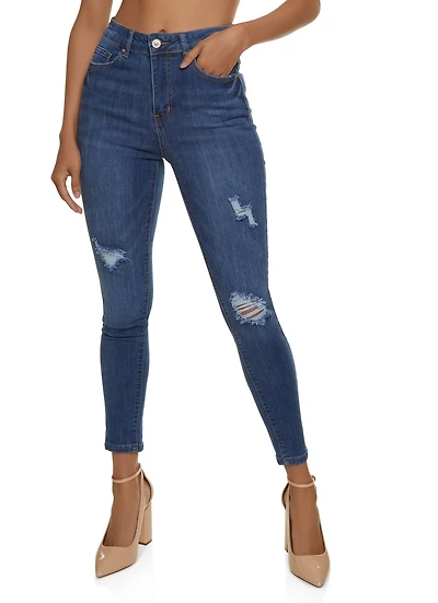 Womens WAX Distressed High Waist Cropped Skinny Jeans, Blue,