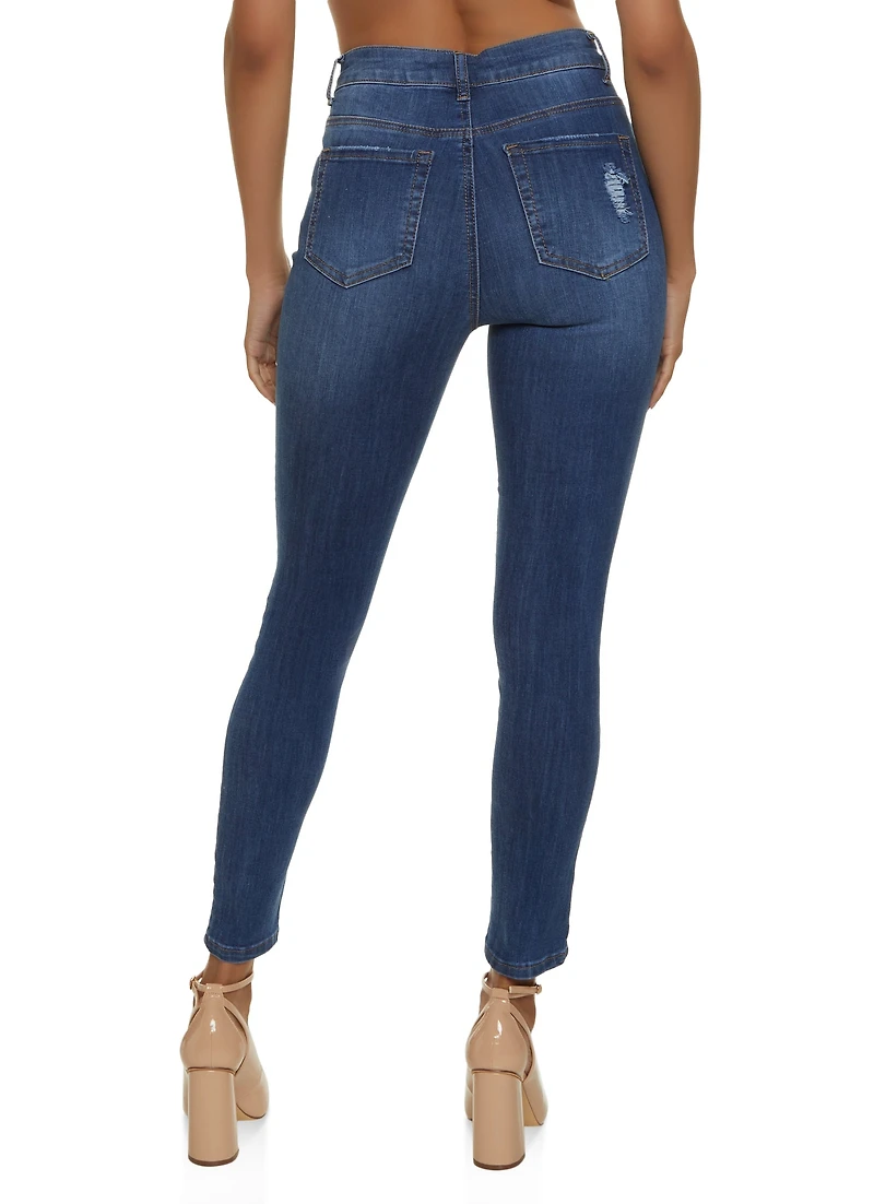 Womens WAX Distressed High Waist Cropped Skinny Jeans, Blue,