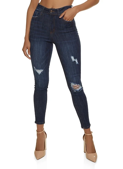 Womens WAX Distressed High Waist Cropped Skinny Jeans, Blue,