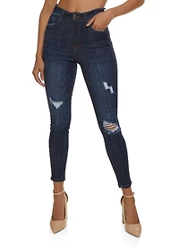 Womens WAX Distressed High Waist Cropped Skinny Jeans, Blue, Size 1
