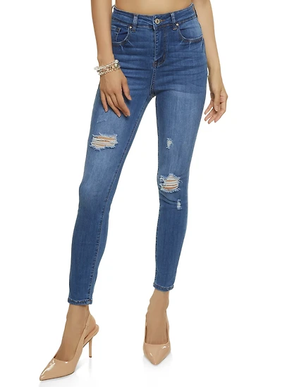 Womens WAX Stretch Distressed High Rise Jeans, Blue, Size S
