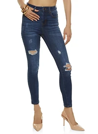 Womens WAX Stretch Distressed High Rise Jeans, Blue, Size M
