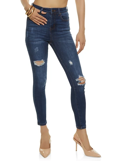 Womens WAX Stretch Distressed High Rise Jeans, Blue,