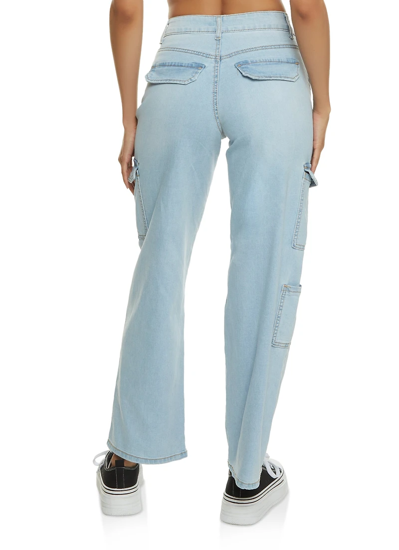 Womens WAX Wide Leg Flap Pocket Cargo Jeans, Blue,
