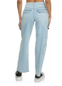 Womens WAX Wide Leg Flap Pocket Cargo Jeans, Blue,