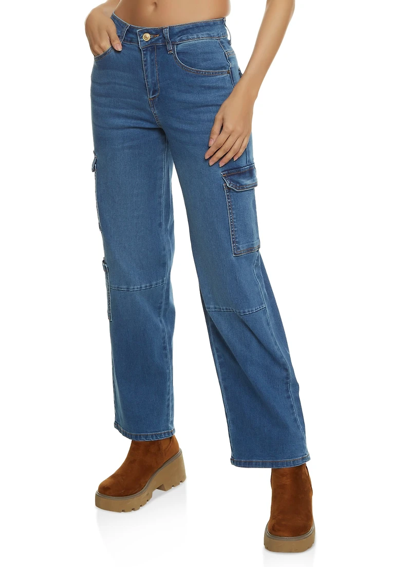Womens WAX Wide Leg Flap Pocket Cargo Jeans, Blue,