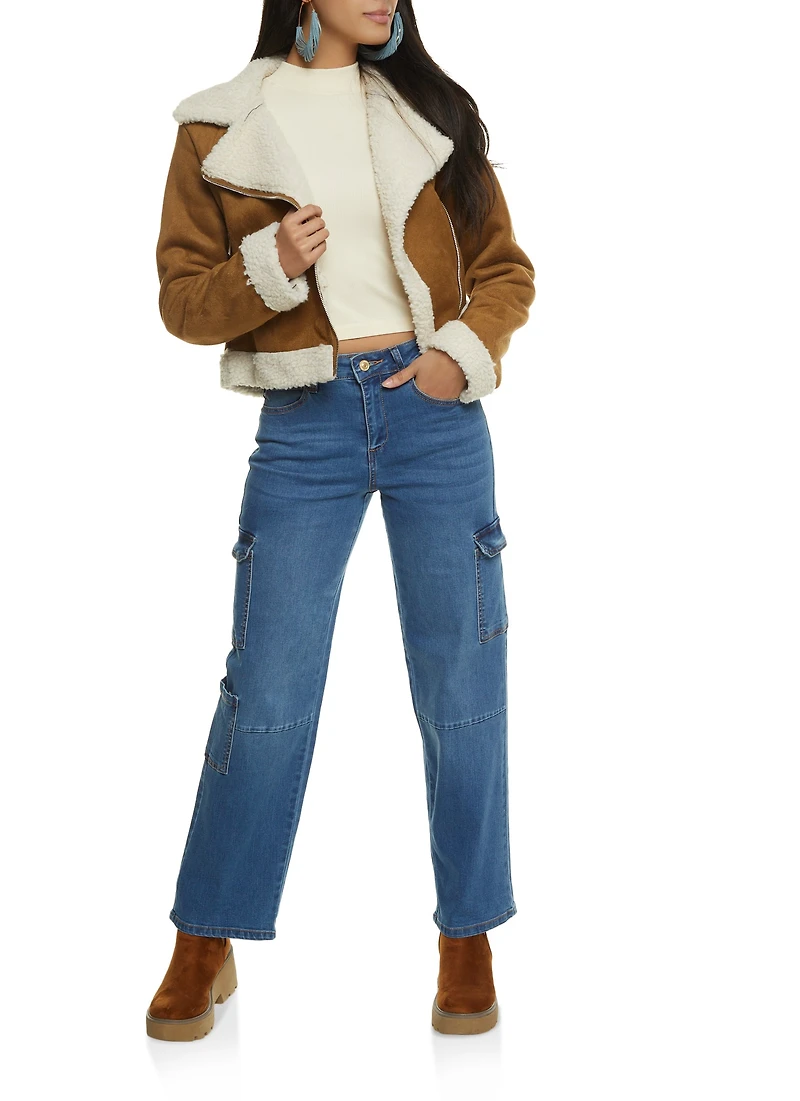 Womens WAX Wide Leg Flap Pocket Cargo Jeans, Blue,