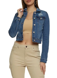 Womens WAX Distressed Denim Jacket, Blue,
