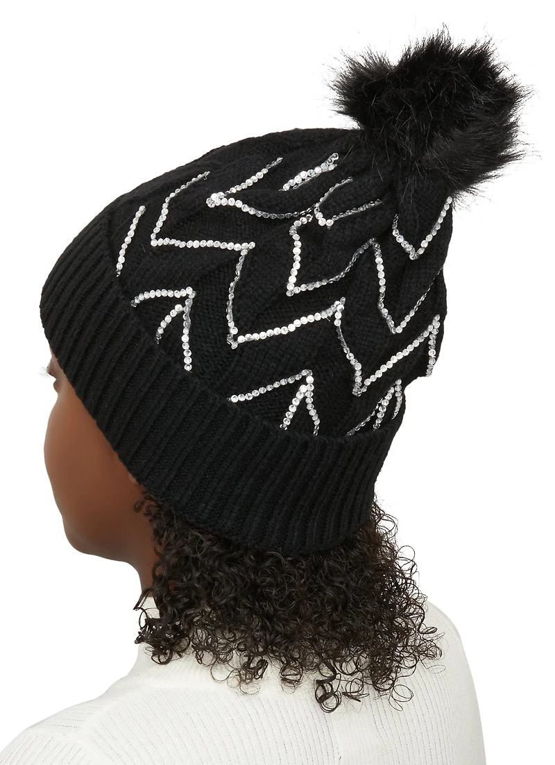 Womens Textured Knit Sequin Pom Pom Beanie, Black