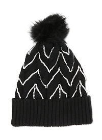 Womens Textured Knit Sequin Pom Pom Beanie, Black