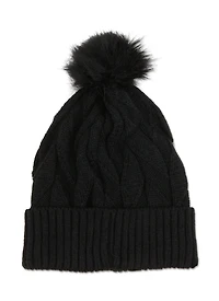 Womens Textured Knit Sequin Pom Pom Beanie, Black