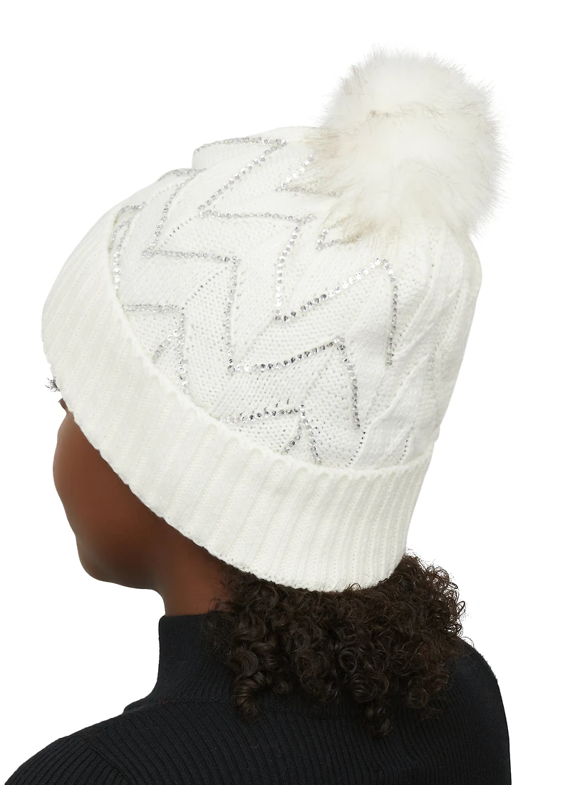 Textured Knit Sequin Pom Pom Beanie