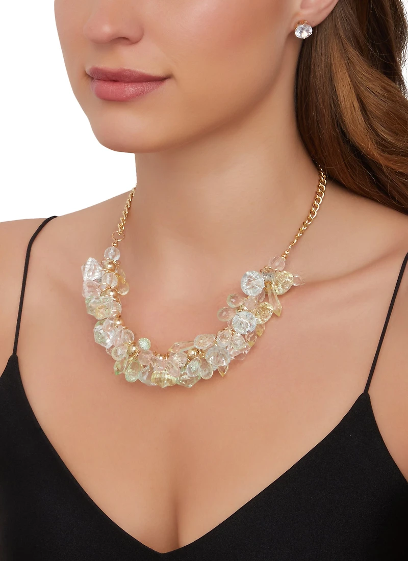 Crystal Teardrop Cluster Necklace and Stud Earrings