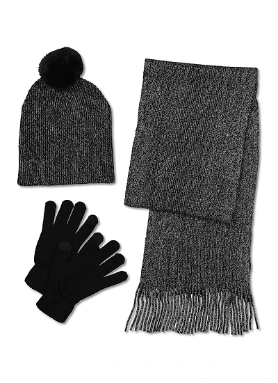 Lurex Scarf and Pom Pom Beanie with Gloves