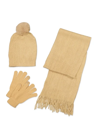 Womens Lurex Scarf and Pom Pom Beanie with Gloves, Beige