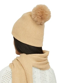 Womens Lurex Scarf and Pom Pom Beanie with Gloves, Beige