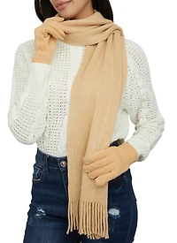 Womens Lurex Scarf and Pom Pom Beanie with Gloves, Beige