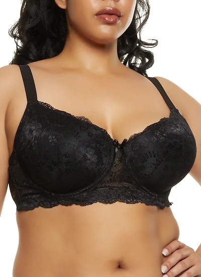 Womens Plus Size Lace Floral Patterned Plunge Bra, Black, Size 38DD