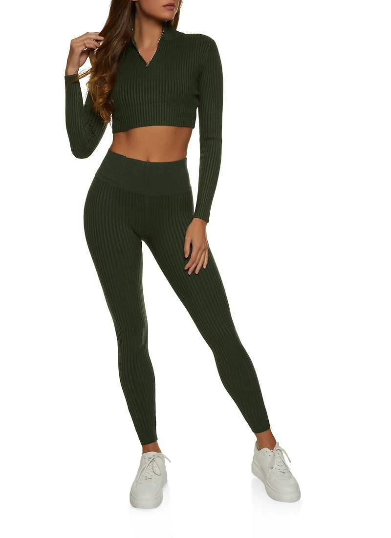 Cropped Rib Knit Zip Neck Sweater