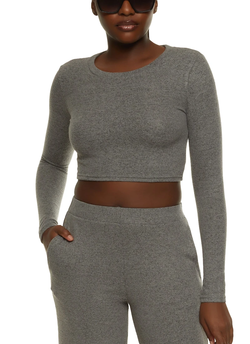 Womens Brushed Knit Crew Neck Crop Top, Grey, Size S