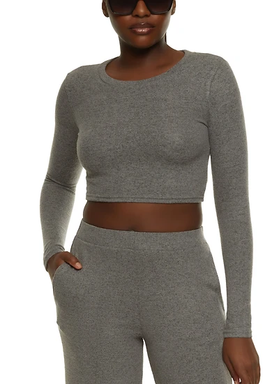 Womens Brushed Knit Crew Neck Crop Top, Grey, Size S