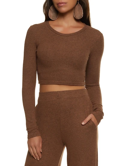 Womens Brushed Knit Crew Neck Crop Top, Brown, Size S