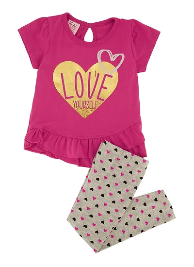 Toddler Girls Foil Screen Love Yourself Graphic Ruffled Tee and Leggings