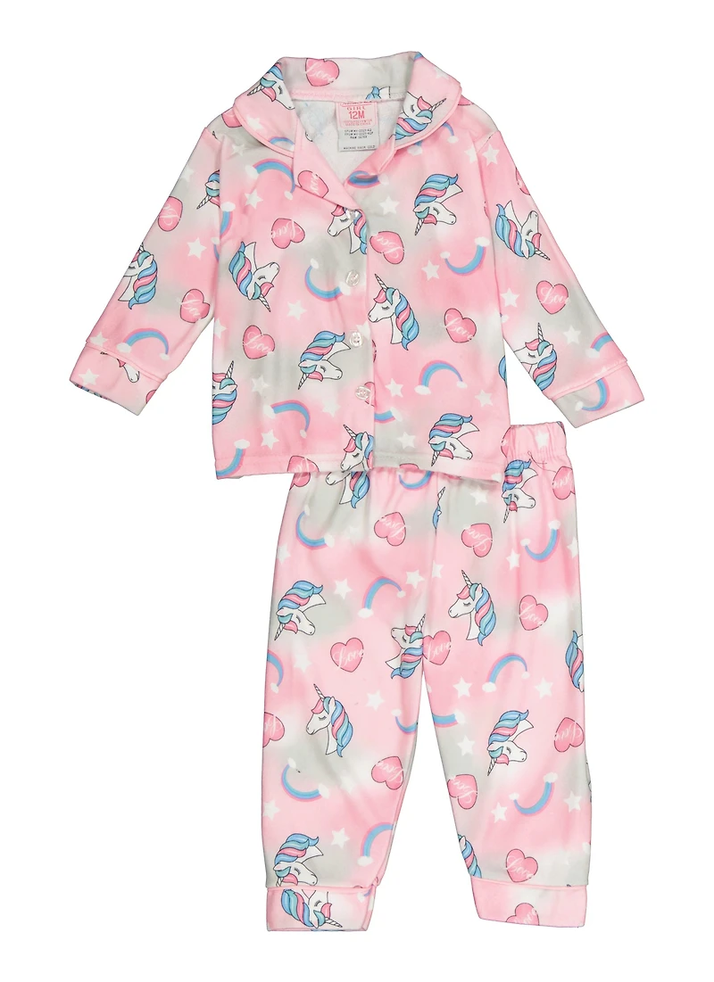 Baby Girls 12-24M Printed Notch Collar Pajama Shirt and Pants