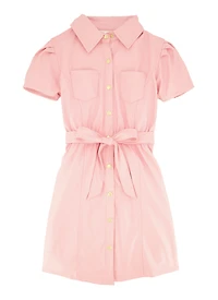 Girls Faux Leather Tie Waist Shirt Dress
