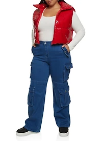 Womens Plus Size High Waist Wide Leg Cargo Jeans, Blue, Size 2X
