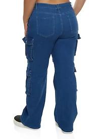Womens Plus Size High Waist Wide Leg Cargo Jeans, Blue, Size 1X