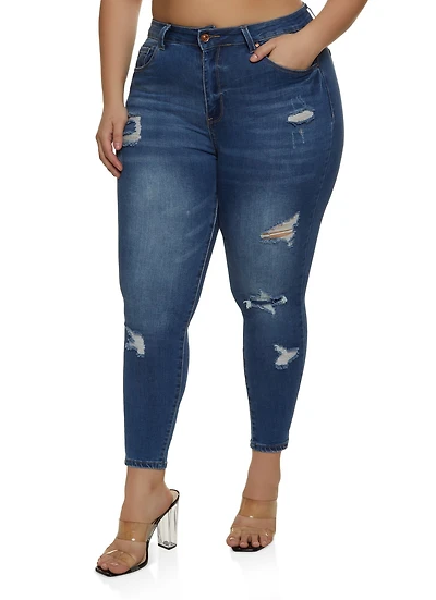 Womens Plus Size WAX Distressed Cropped Jeans, Blue, Size 20